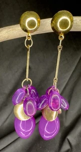 Vintage lila Gold Hänger Tropfen durchbohrt Bakelit Funky Boho Party 3" Ohrringe - Bild 1 von 5