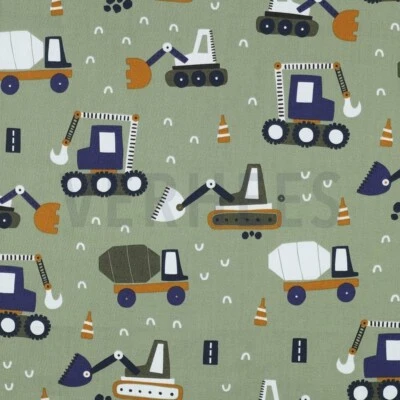 POPPY FABRICS Kinderstoff Bagger Raupe LKG Army grün Popeline Öko-Tex Standard ab 50cm x 150cm