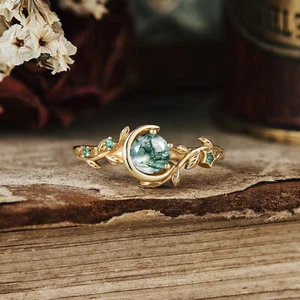 Moss Agate & Emerald Ring 925 Silver Gold Plated Women Ring women Gift For Her - Picture 1 of 3