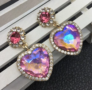 Women's Pink Crystal Rhinestone Heart Stud Pierced Earrings - Picture 1 of 3
