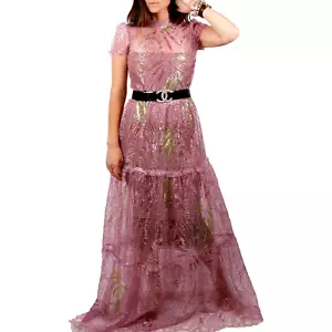MAISON Pink Sheer Sequin Floral Beaded Lace Maxi Dress Gown Sz S - Picture 1 of 12