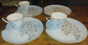 7PC Yada China YAC9 Snack Sets 4 Plates 8" 3 Cups 2.5" Blue Gray Trees Gold EUC - Picture 1 of 12