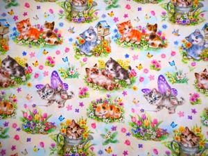 Quilt Fabric 3/4+ Yard Daydreaming Kitty Cats Floral on White Premium Cotton - Picture 1 of 2