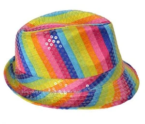 Disco Mardi Gras 80s 70s Party Dance Costume Fedora Trilby Hat Sequin Rainbow - Picture 1 of 3