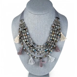 Multi Strand Crystal Bead Necklace with Tassels Gray Taupe Statement Jewlery - Picture 1 of 6