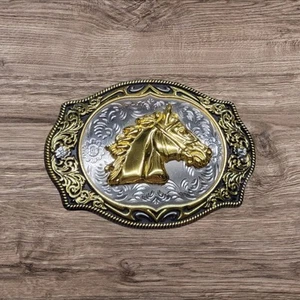 Kid's Cowboy Belt Buckle Horse Head 3.25" x 2.5" Silver/Black/Gold - Picture 1 of 2