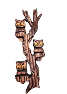 Wooden Owls Sitting In a Tree Big Eyes Wall Hanging 3D - Picture 1 of 7