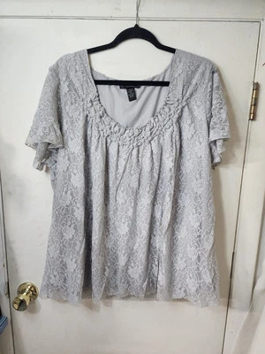 Женский топ Cable & Gauge большого размера 2X серый кружевной с подкладкой с коротким рукавом - Изображение 1 из 4
