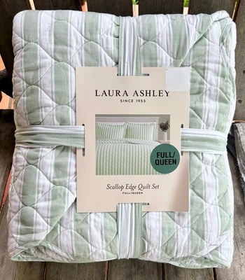 Juego completo de edredón Queen con borde de vieira verde y blanco a rayas Laura Ashley Foto 1 de 4