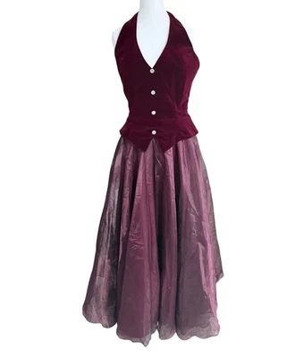 Vtg Dave & Johnny Burgundy Velour Halter Gown Size 9/10 Formal Holiday Cocktail - Image 1 of 4