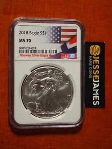 2018 $1 AMERICAN SILVER EAGLE NGC MS70 NORWAY SILVER EAGLE HOARD LABEL - Picture 1 of 2