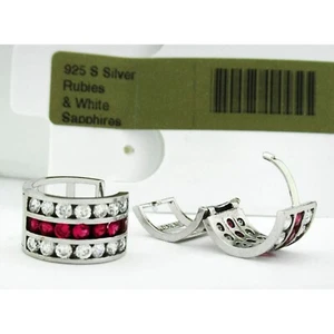 Lab Created Ruby & White Sapphire Huggies Earring .925 Sterling Silver - Picture 1 of 4