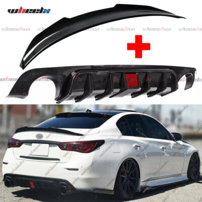 Difusor de parachoques trasero de fibra de carbono y alerón trasero apto para Infiniti Q50 2018-2024 Foto 1 de 4