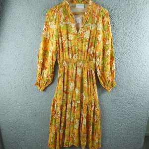 Iris Maxi Womens Dress 14 Yellow Fit & Flare Midi Long Sleeve V Neck Floral Boho - Picture 1 of 9
