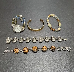 Vintage Bracelet Lot Of 5, Pewter Snowmen, Resin & Metal, Glass Bead Wristwatch - Picture 1 of 12