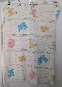 Handmade Crochet Baby Blanket Animals Cat Bear Elephant Bunny Lamb & Ducks White - Picture 1 of 7