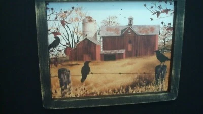 Prim Country Print ~*Lg. Red Barn with crows on fence*~ black frame 12" x 9 1/2" - Image 1 of 3