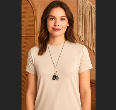 J. Jill Charm Necklace Beaded Silver Tone Chain Hammered Metal Stone Faux Pearl - Image 1 of 4