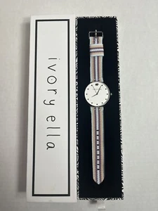 NEU! Elfenbeinfarbene Ella Damen-Analoguhr Edelstahl mehrfarbig Streifen Nylonband J56 - Bild 1 von 7