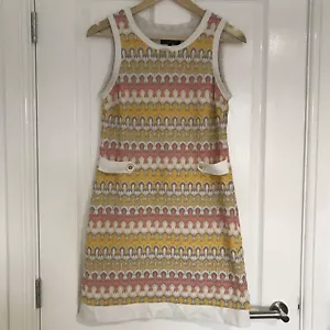 ANA ALCAZAR SHIFT DRESS Size 38 Yellow/Pink Sleeveless Mock Belt Stretch GC - Picture 1 of 7