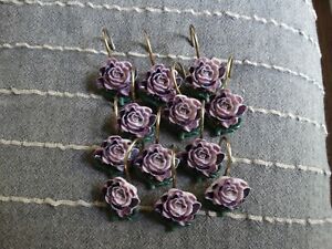 Shower Curtain Hooks  set of 12 Lavender/Purple Rose w/Green Leaves used