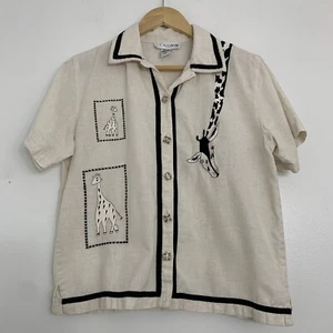 Vintage 90s Womens Large Giraffe Boxy Fit Button Front Shirt Linen Blend Top - Picture 1 of 4