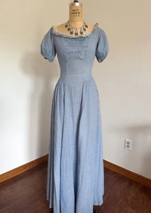 Vintage 1930s Cotton Dress Floor Length Gingham Check Blue White Puffed Sleeves - Picture 1 of 8