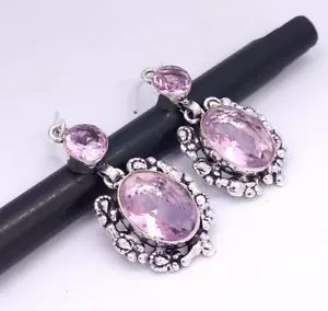 925 Sterling Silver Pink Kunzite Gemstone Jewelry Drop/Dangle Earring - Picture 1 of 4