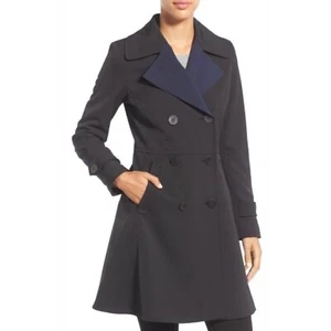 Trina Turk Size 4 ‘Tara’ Fit & Flare Rain Coat Navy Blue & Black Trench Jacket - Picture 1 of 12