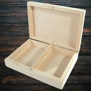 Decorative 2-section Plain Wooden Box with Magnetic Closure Trinket Gift Case - Picture 1 of 12