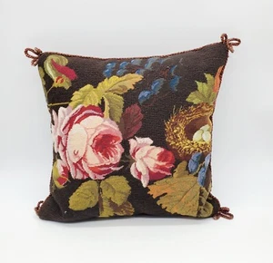 Embroidered Wool Throw Pillow 13" Black With Roses & Bird's Nest - Picture 1 of 5