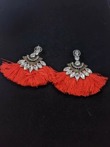 Bronze Tone Rhinestone Red Tassel Fan Dangle Earrings 10778 - Picture 1 of 3