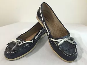 L.L.Bean Boat Shoes Mocs Moccasins Navy Blue Patent Leather w/White Size 6M - Picture 1 of 12