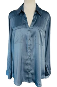 Express Portofino French Blue Blouse Top Shirt Sz L Slim Roll Sleeve Office Work - Picture 1 of 13