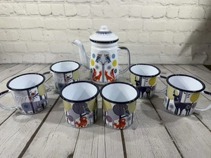 FOLKLORE NINA JAREMA White Enamel Metal Coffee Tea Pot & 6 Cups Deer Owl Fox - Picture 1 of 16