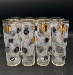 MCM Libbey 22k Gold Trim Coin Tom Collins 7” Highball Bar Glasses Set Of 8 - Picture 1 of 12