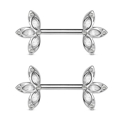 Pair of CZ Flowers Surgical Steel Barbells Nipplerings Nipple Rings 14G - Image 1 of 2