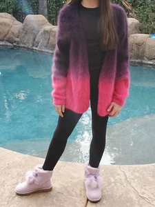 Maya Antonia Real Angora Fur Knitted Sweater Cardigan Gradient Dark Purple Pink - Picture 1 of 7