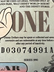 UN BILLETE DE $1 DISNEY 1990 CIRCULADO, DÓLARES DISNEY REALES SUERTE - MICKEY - CASTILLO - Imagen 1 de 10