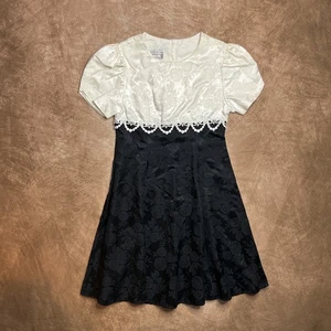 Jessica McClintock Girls Black & White Puff Sleeve Midi Dress Floral Brocade 90s - Picture 1 of 7