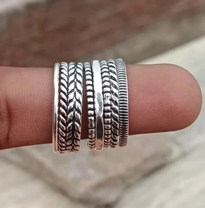 Set of 8 Sterling Silver Stacking Rings, Simple Silver Hammered and Twi All Size - Picture 1 of 12