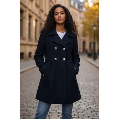 Abrigo Liz Claiborne Azul Marino Mezcla Lana Guisante Ajuste Acampanado Doble Pecho Pequeño Nuevo con Etiquetas Foto 1 de 4