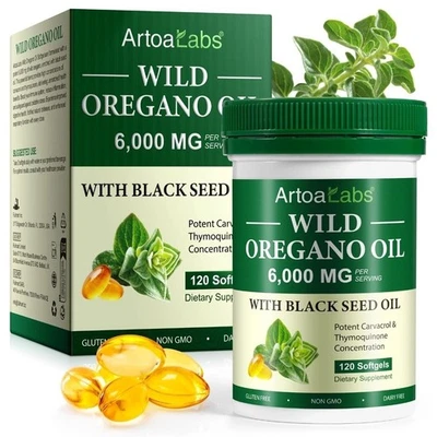 Aceite de orégano silvestre - 6000 mg 120 cápsulas blandas y aceite de semilla negra 200 mg apoyo inmunológico Foto 1 de 4