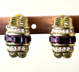 Ohrclips goldfarben lila Baguette rund Glas Strass Vintage - Bild 1 von 8