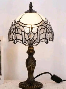 Tiffany Style Mini Table Lamp White Stained Glass 8"W 15"H - Picture 1 of 3