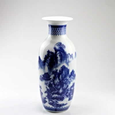 Chinesische Vase Porzellan "Berglandschaft" Bodenvase, Keramik Vase blau-weiß - Bild 1 von 4