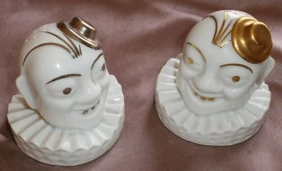 Salières vintage porcelaine Limoges CLOWN chapeau doré & argenté - Sel & Poivre - Photo 1/4