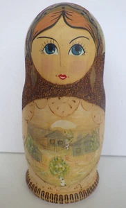 Vintage Wood 7" Russian Matryoshka Nesting Dolls Hand Painted & Woodburn Signed - Picture 1 of 16