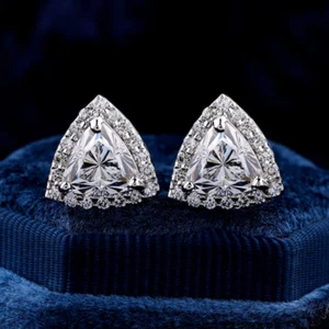 2.05TCW Trillion Cut Moissanite Halo Screw Back Earring in 14k White Gold Plated - Picture 1 of 9