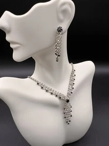 Vintage Black/Clear Rhinestone Necklace And Earring Set - Picture 1 of 10